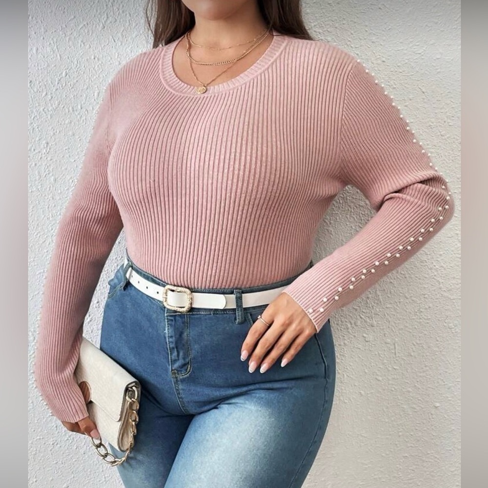 SHEIN Curve Dusty Pink Ribbed Sweater with Beaded Pearl Sleeve Accent Size 2X